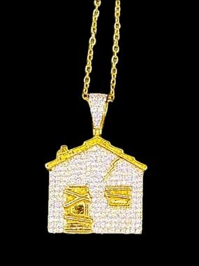 Iced Out Sides and Front - Trap House - Pendant Necklace - Gold Tone with Bling